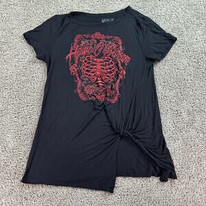 Howl O Scream Shirt Womens Medium Black Twist Front Skeleton Roses Ladies READ